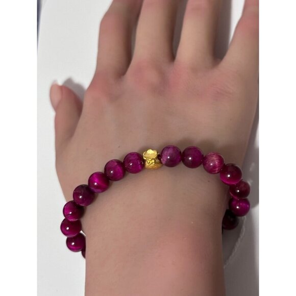 24K Gold Money Bag Lucky Charm Bracelet Gemstones Dyed Tiger's Eye 8mm S 6.5" - Picture 5 of 5